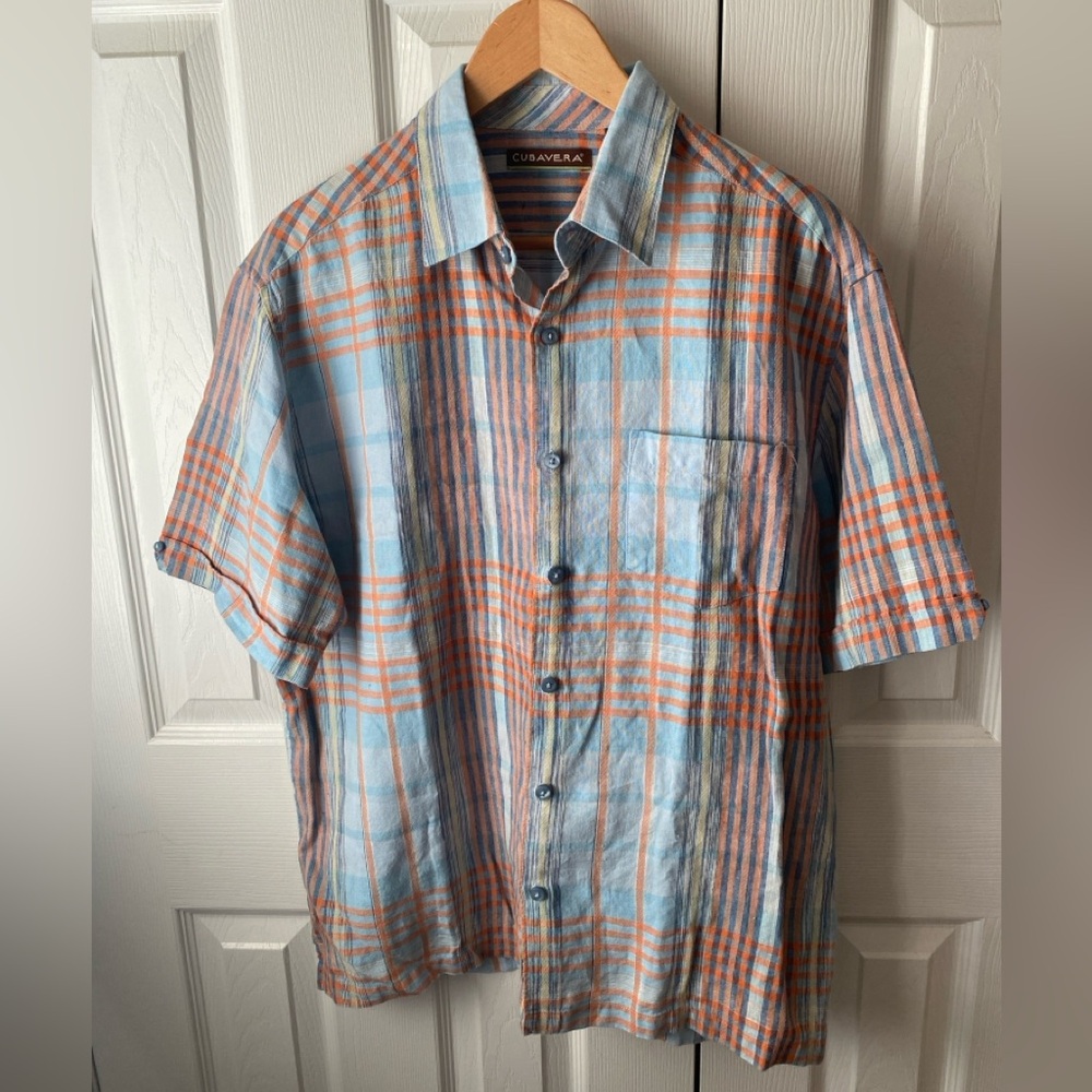 CUBAVERA Blue/Orange Plaid 100% Linen Button Front Shirt SZ L